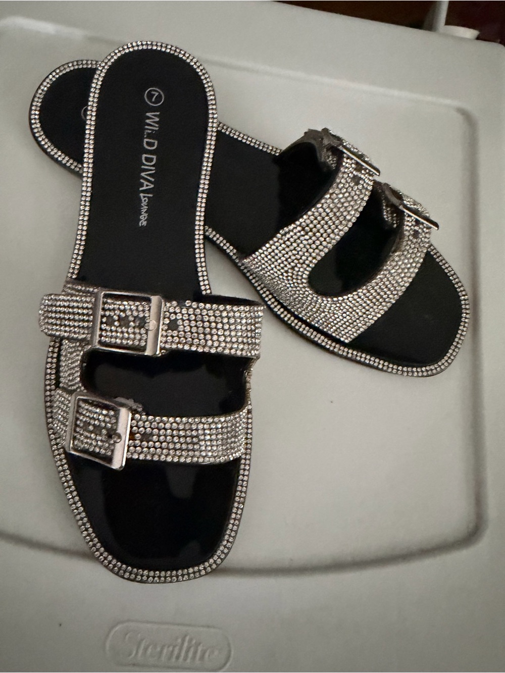 Wild Diva Silver Crystal Double-Buckle Slide Sandals
